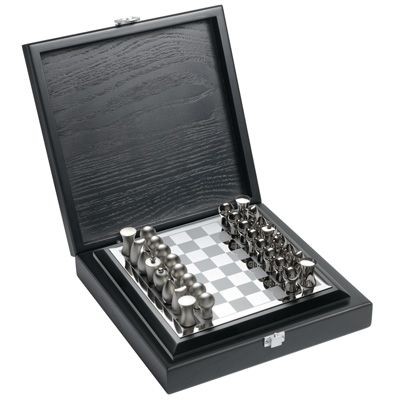 Picture of METAL CHESS BOARD in Silver in Wood Box