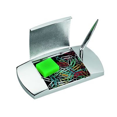 Picture of JUMBO METAL PEN HOLDER & PAPERCLIP DISPENSER in Silver.