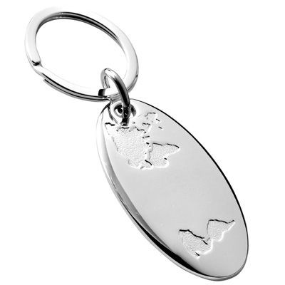 Picture of OVAL METAL KEYRING in Silver with World Map.