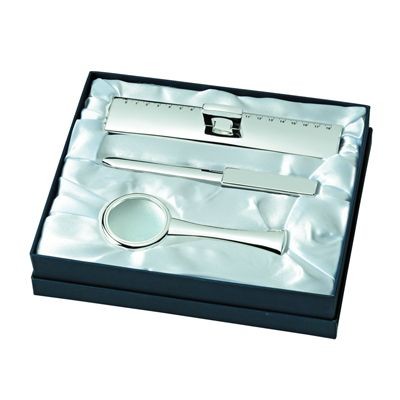 Picture of LETTER OPENER, MAGNIFIER GLASS & RULER GIFT SET in Silver.