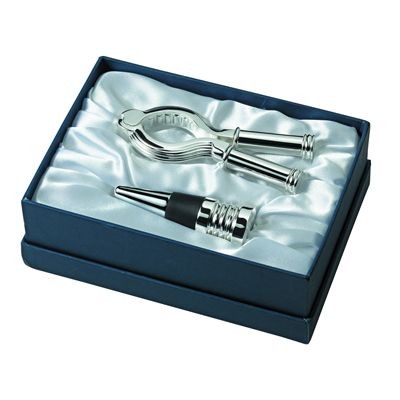 Picture of BOTTLE STOPPER & CHAMPAGNE OPENER GIFT SET in Silver