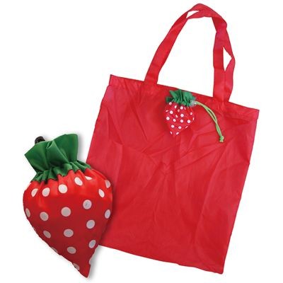 Picture of FOLDING SHOPPER TOTE BAG in Red with Strawberry Bag Holder.
