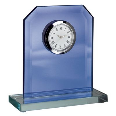 Picture of TROPHY AWARD CLOCK in Blue Glass with White Base.