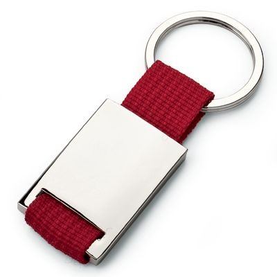 Picture of MATT SILVER METAL KEYRING with Cloth Strap in Red.
