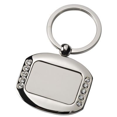 Picture of RECTANGULAR METAL KEYRING in Silver with Crystal Decoration
