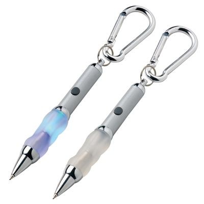 Picture of METAL CARABINER BALL PEN in Silver with Blue Light.