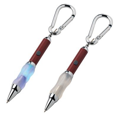 Picture of METAL CARABINER BALL PEN in Red with Blue Light.