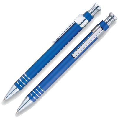 Picture of SPRING TOP ALUMINIUM SILVER METAL BALL PEN in Blue.