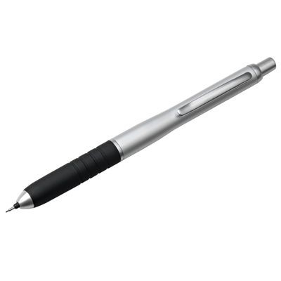 Picture of ALUMINIUM SILVER METAL MECHANICAL PROPELLING PENCIL with Black Rubber Grip.