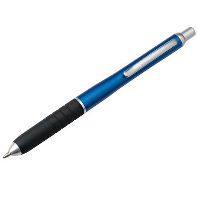 Picture of ALUMINIUM SILVER METAL BALL PEN in Blue with Black Rubber Grip.