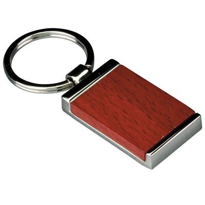 Picture of RECTANGULAR WOOD & SILVER CHROME METAL KEYRING.