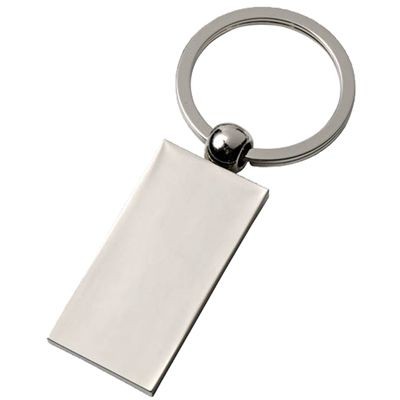 Picture of RECTANGULAR SILVER CHROME METAL KEYRING.