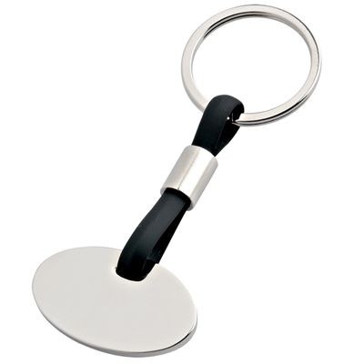 Picture of SILVER CHROME METAL & BLACK PVC OVAL KEYRING.