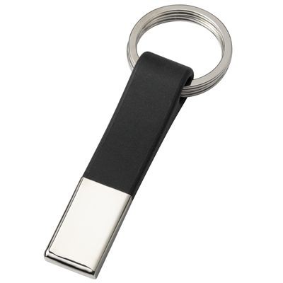 Picture of DOUBLE RING SILVER METAL & BLACK PVC KEYRING.