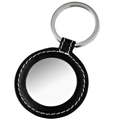 Picture of ROUND SILVER CHROME METAL & BLACK LEATHER KEYRING.