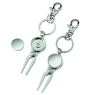 Picture of GOLF PITCH FORK & BALL MARKER KEYRING in Silver Metal.