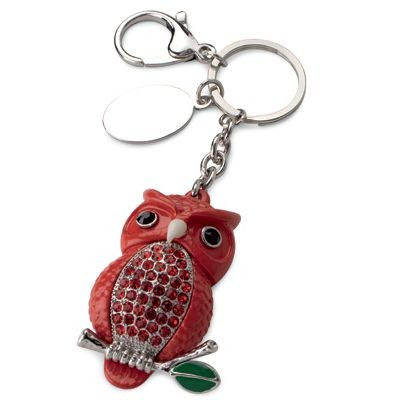 Picture of LARGE OWL METAL KEYRING in Red with Crystals.