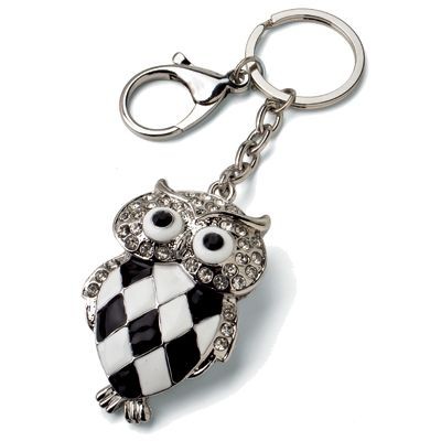 Picture of LARGE OWL METAL KEYRING in Black & White with Crystals