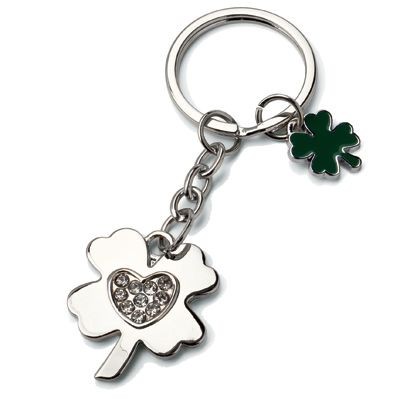Picture of CLOVER LEAF SILVER CHROME METAL KEYRING with Crystals.
