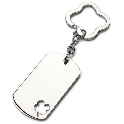 Picture of DOG TAG SILVER METAL KEYRING with Cloverleaf Cutout.