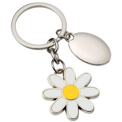Picture of DAISY FLOWER METAL KEYRING in White & Yellow.