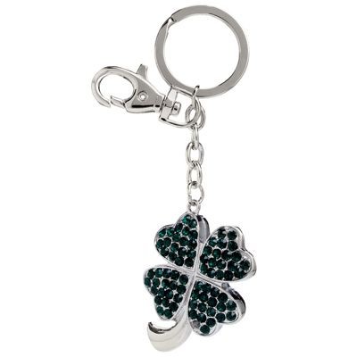 Picture of CLOVER LEAF METAL KEYRING with Dark Green Crystals.