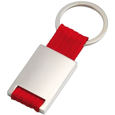 Picture of SILVER METAL KEYRING with Red Webbing Strap.