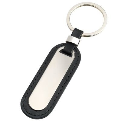 Picture of OVAL BLACK IMITATION LEATHER KEYRING with Silver Metal Plate