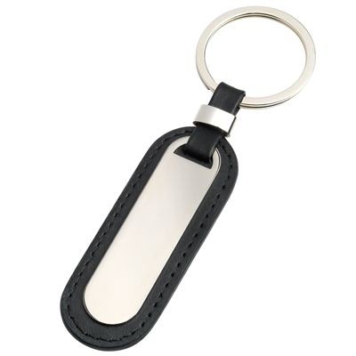 Picture of OVAL BLACK IMITATION LEATHER KEYRING with Silver Metal Plate.