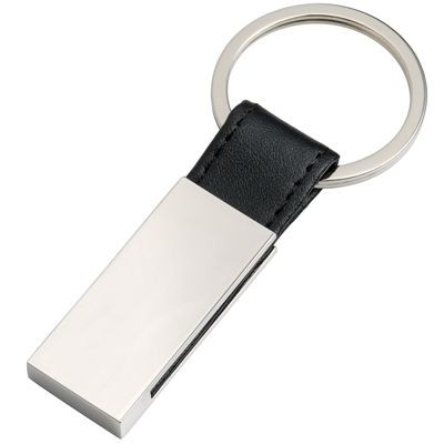 Picture of RECTANGULAR SILVER METAL & BLACK IMITATION LEATHER KEYRING.