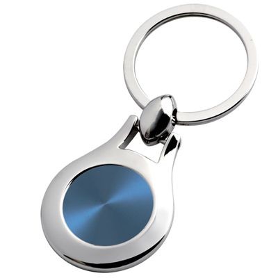 Picture of ROUND SILVER METAL KEYRING with Blue Inset Plate.