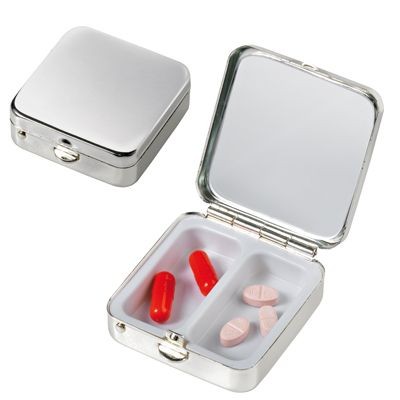 Picture of SILVER CHROME METAL RECTANGULAR PILL BOX with 2 Compartments