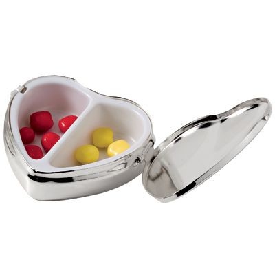 Picture of HEART SHAPE PILL BOX in Silver Chrome Metal.