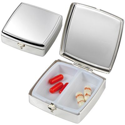 Picture of SQUARE SILVER METAL PILL BOX with Groove Lid.