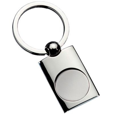 Picture of EXCLUSIVE RECTANGULAR POLISHED SILVER METAL KEYRING with Round Matt Inlay.