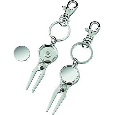 Picture of GOLF PITCH MARK REPAIR FORK KEYRING in Silver Metal with Ball Marker.