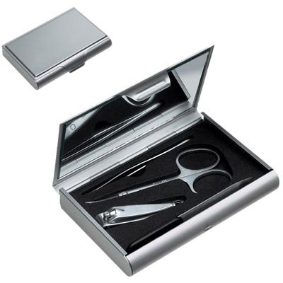 Picture of 4 PIECE SILVER METAL MANICURE SET in Metal Box with Large Mirror Inside Lid