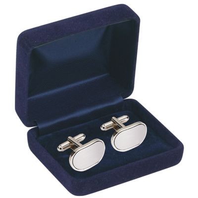 Picture of RECTANGULAR BRUSHED SILVER METAL CUFF LINKS in Navy Blue Velvet Box