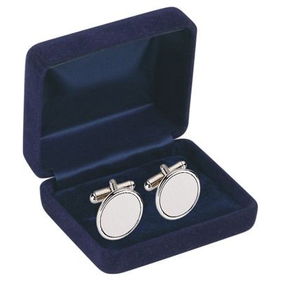 Picture of ROUND BRUSHED SILVER METAL CUFF LINKS in Navy Blue Velvet Box