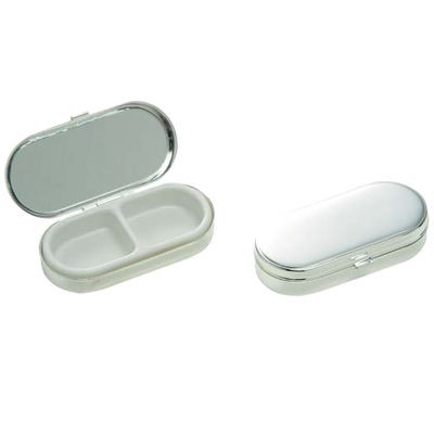 Picture of RECTANGULAR SILVER CHROME METAL DUAL COMPARTMENT PILL BOX with Mirror.