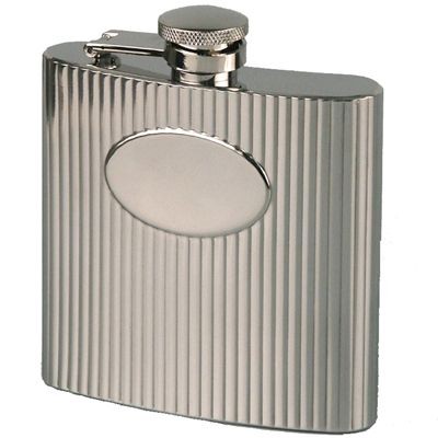 Picture of RIBBED 6OZ SILVER STAINLESS STEEL METAL HIP FLASK with Oval Panel