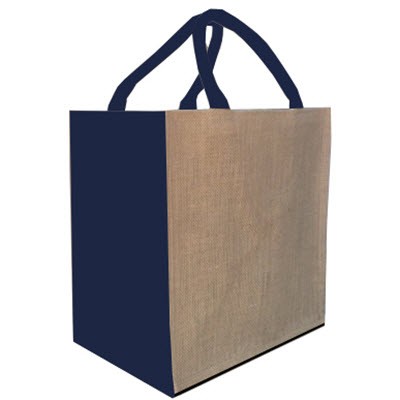Picture of REUSABLE MIDI JUTE BAG with Navy Blue Gusset & Handles.
