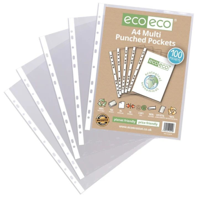 Picture of ECO-ECO 45 MICRON A4 100% RECYCLED MULTI PUNCHED POCKETS (UK STOCK).