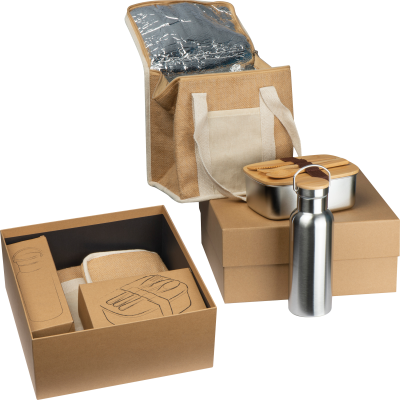 Picture of GIFT SET with Drink Bottle, Lunch Box & Jute Cool Bag Reims in Multicoloured 