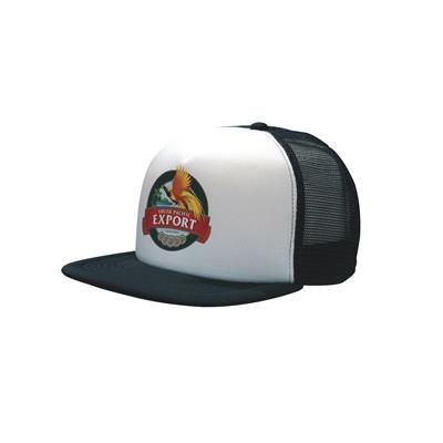 TRUCKER MESH CAP with Flat Peak, 5 Panel Flat Peak, Plastic Snap Closure.