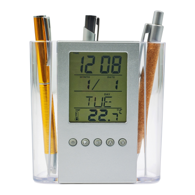 Picture of PEN HOLDER with Clock in Black & Silver