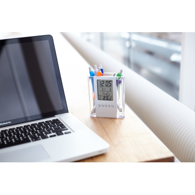 Picture of PEN HOLDER with Clock in Black & Silver.