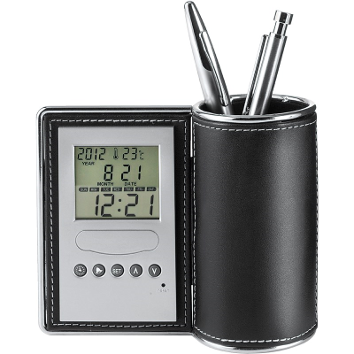 Picture of DESK TIDY ORGANIZER AND CLOCK in Black & Silver