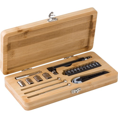 Picture of TOOL SET in Bamboo Case (20Pc) in Brown.