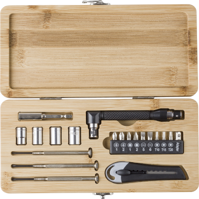 Picture of TOOL SET in Bamboo Case (20Pc) in Brown.